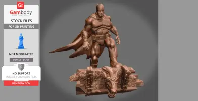 A muscular superhero in a cape stands on a decorative base with a gargoyle head.