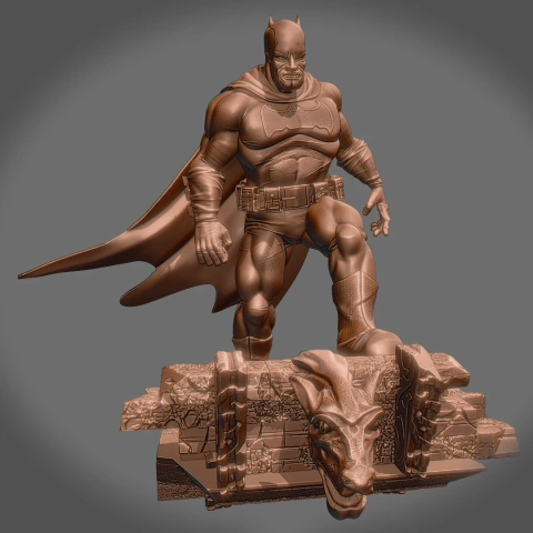 A detailed Batman figure standing on a decorative base with a cape and utility belt.