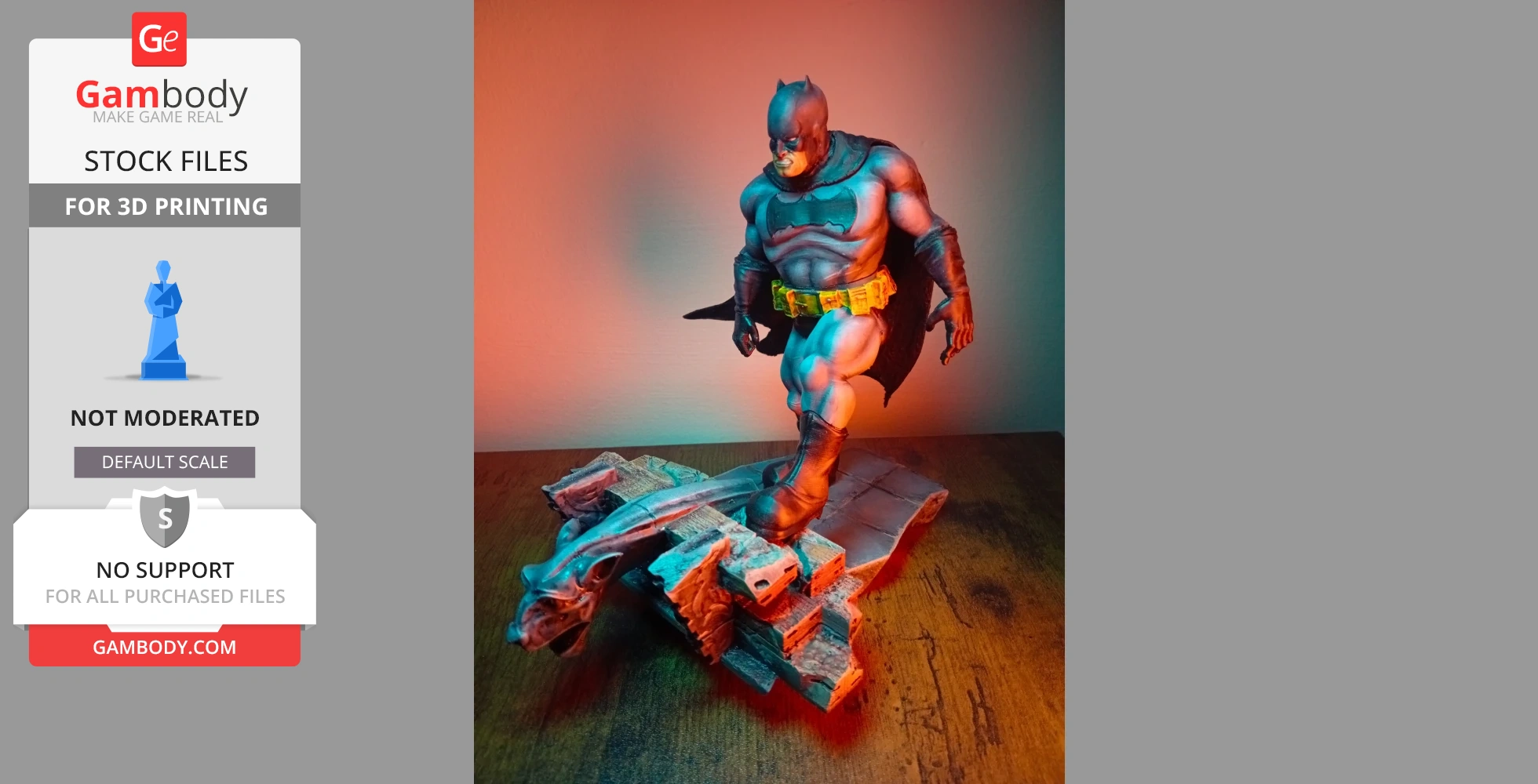 A muscular figure in a bat-themed costume stands on a stone base with dynamic lighting effects.
