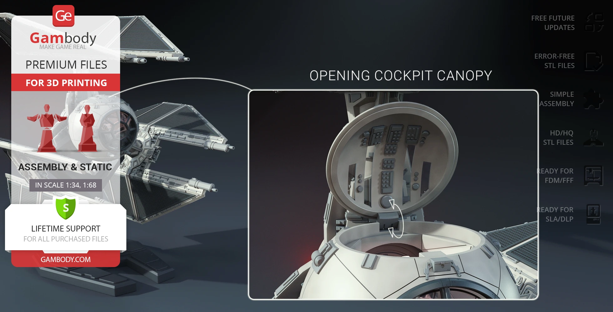 TIE Defender Starfighter model for 3D printing with opening cockpit canopy.