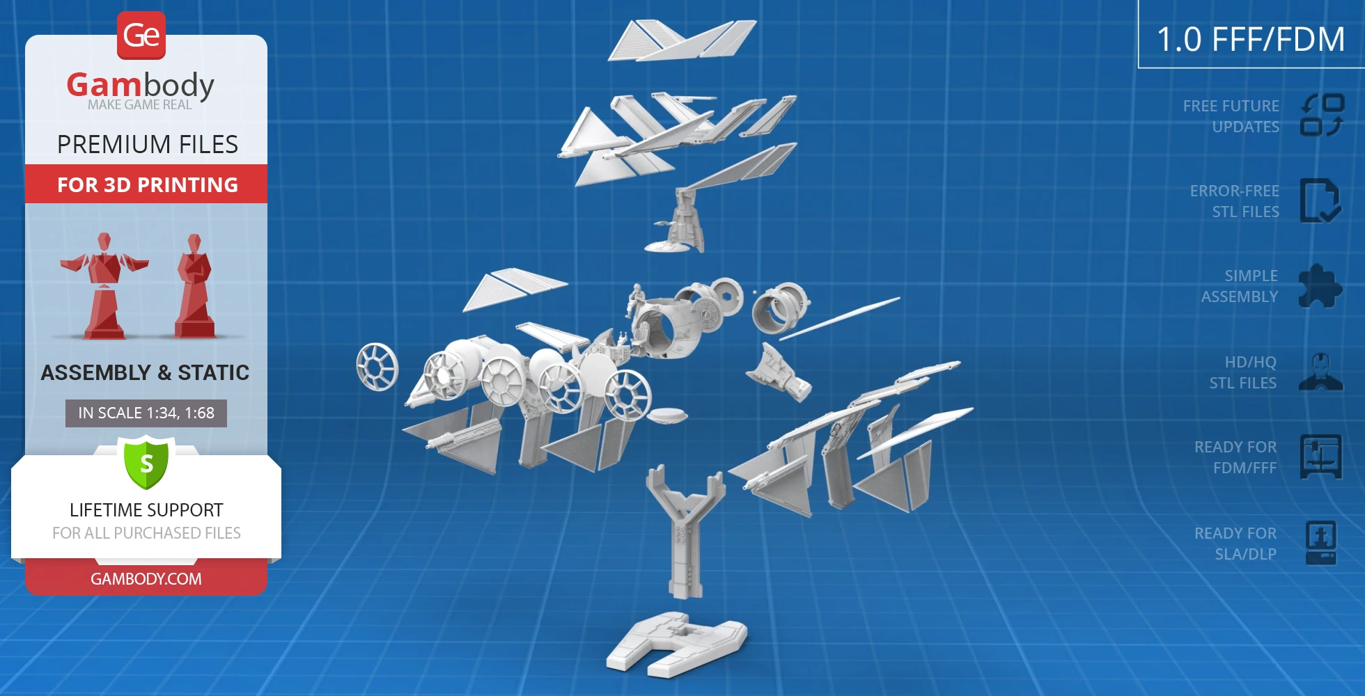Exploded view of TIE Defender starfighter model parts for 3D printing on blue grid background.