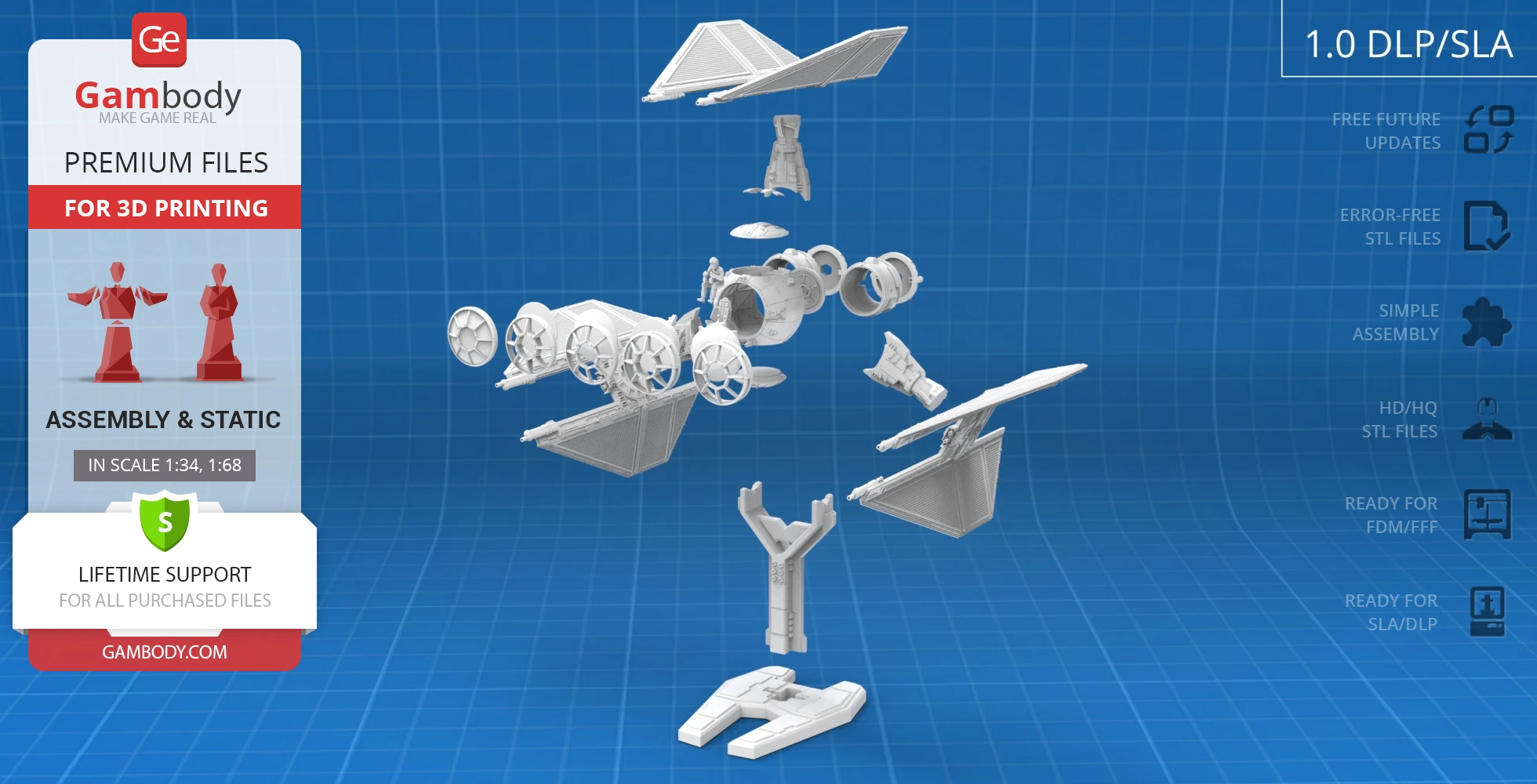 Exploded view of TIE Defender Starfighter 3D model parts for printing, displayed on a grid background.