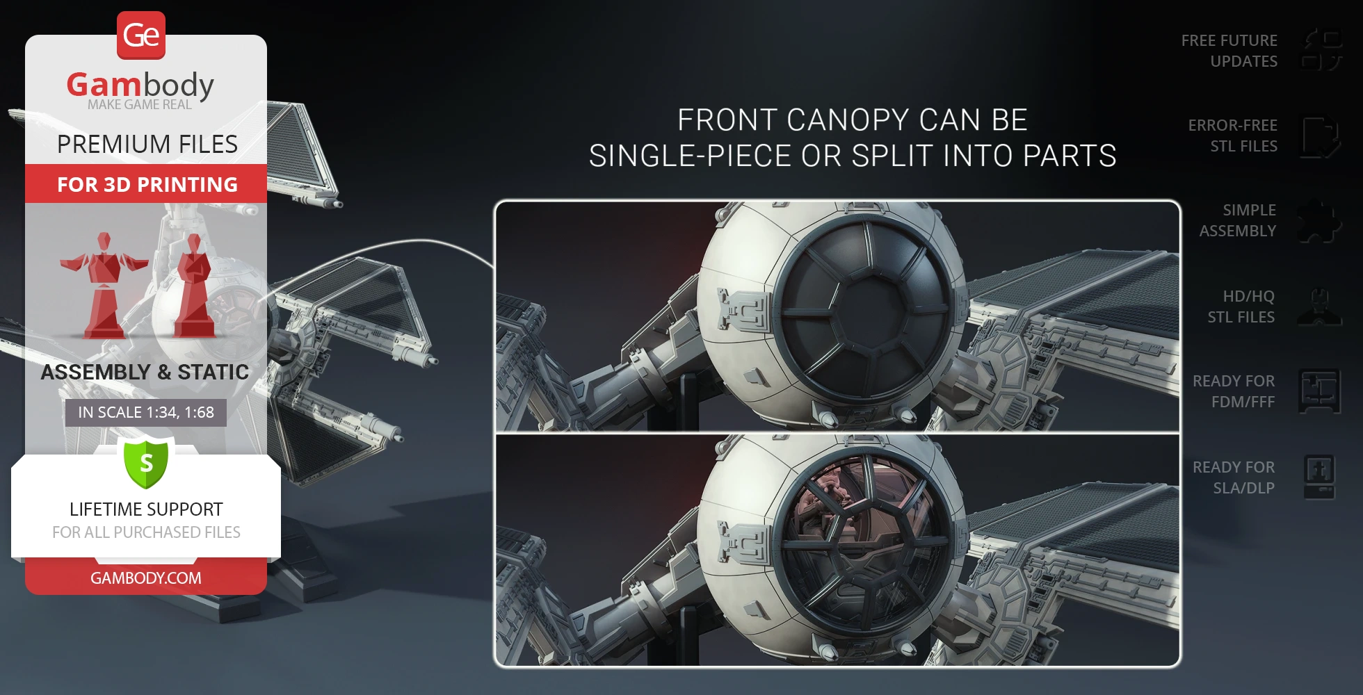 3D model of a TIE Defender starfighter for printing, featuring a customizable front canopy.