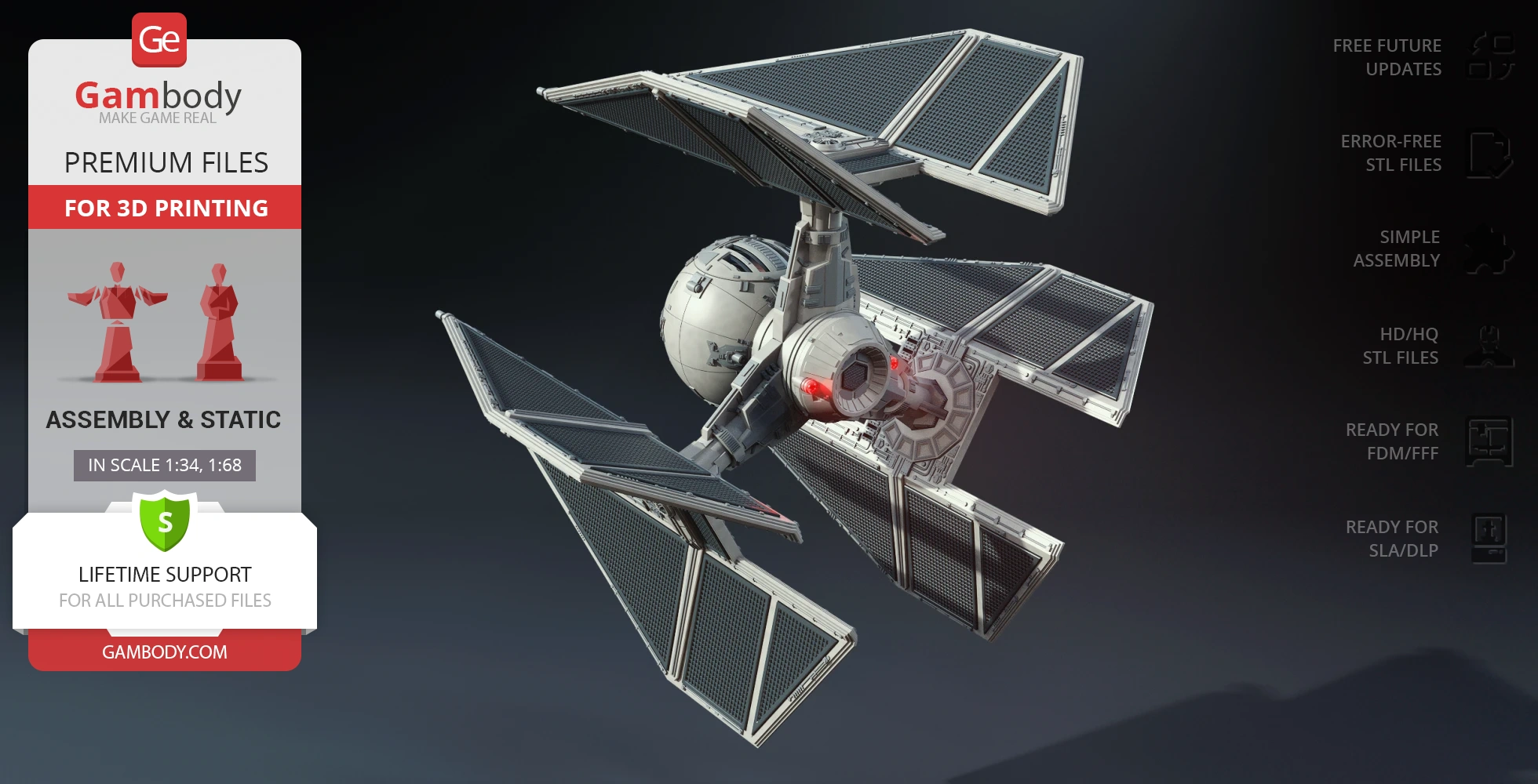 TIE Defender 3D model for printing, with detailed solar panels and spherical cockpit.