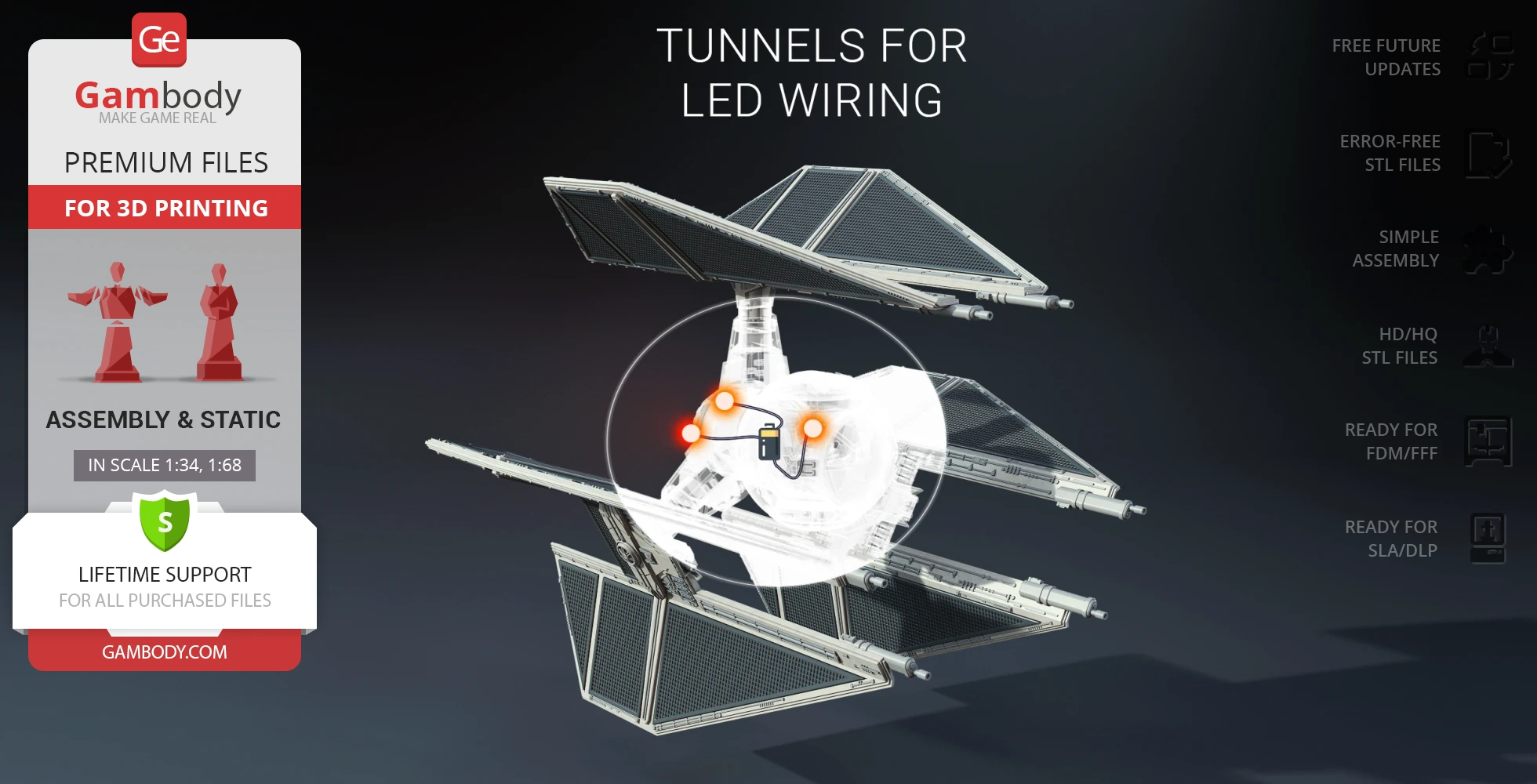 TIE-d Defender Starfighter 3D model with LED wiring tunnels, designed for 3D printing.