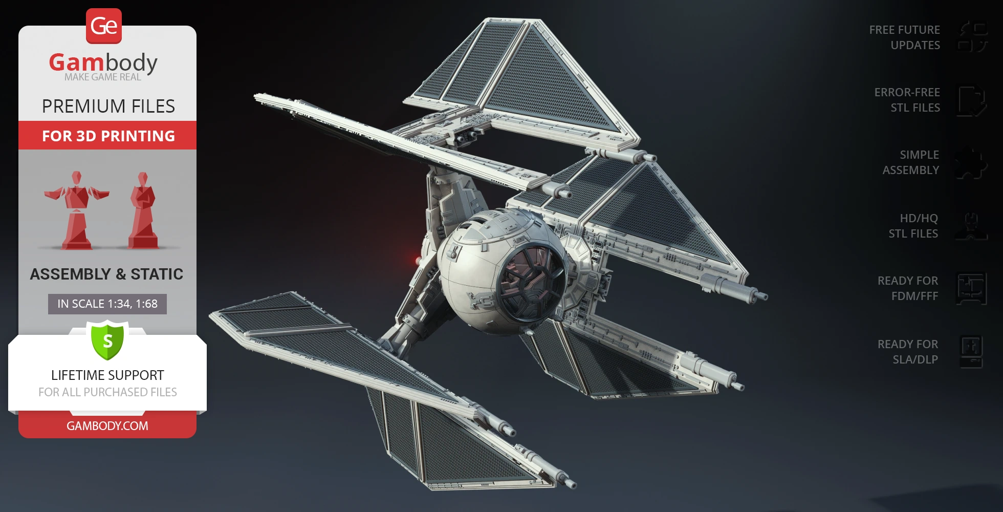 TIE Defender 3D model for printing, featuring sleek design, three wings, and cockpit detail.