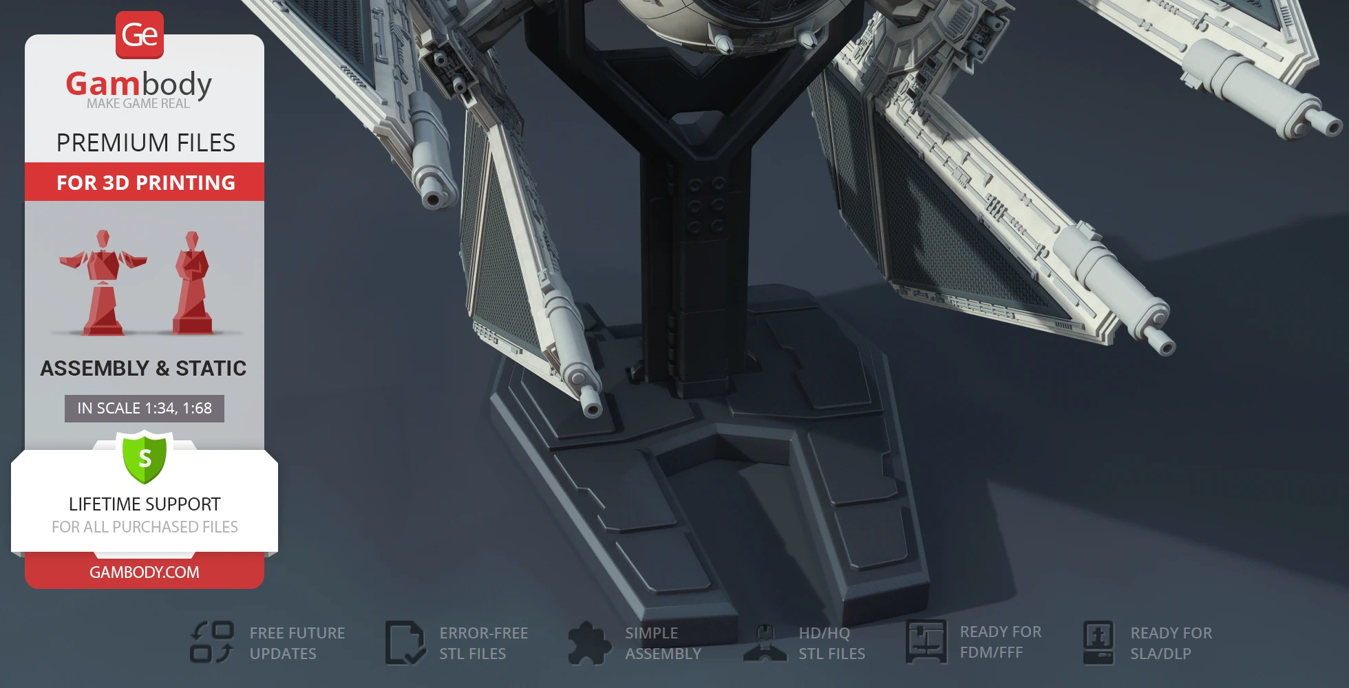 3D model of a TIE Defender starfighter on a black stand for 3D printing.