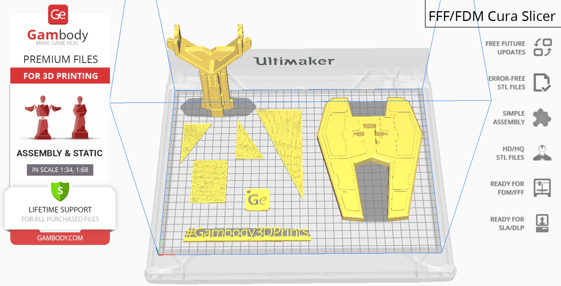 3D print layout for TIE Defender model in Cura slicer showing various starfighter parts.