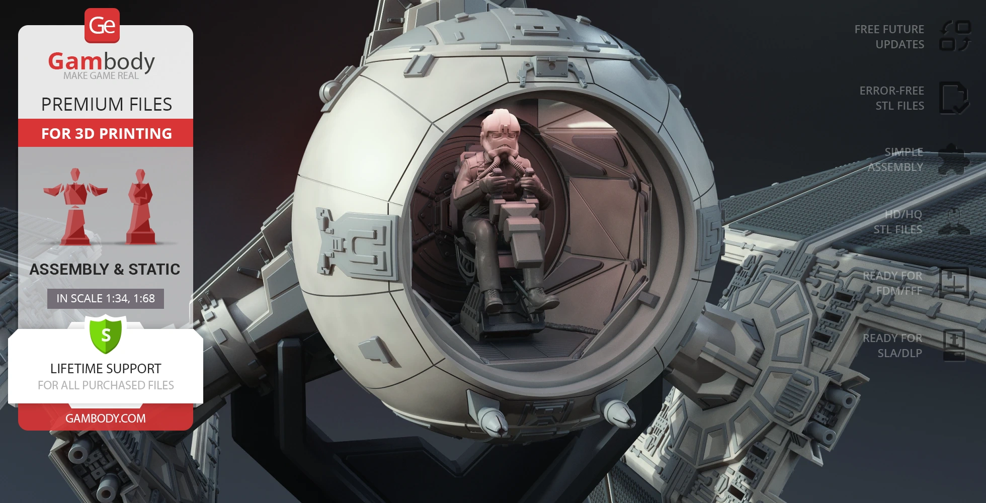 Detailed TIE-d Defender starfighter cockpit with pilot, designed for 3D printing.