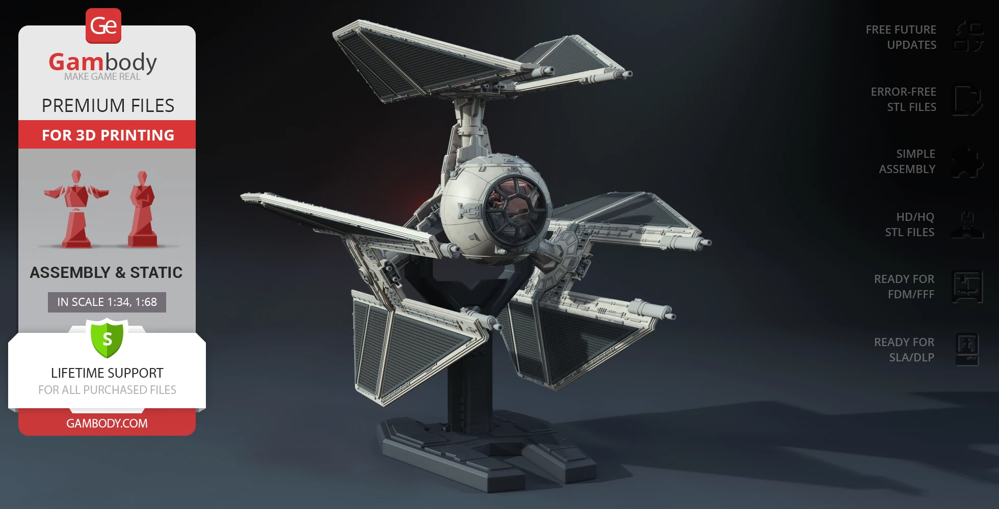A detailed 3D model of a TIE-d Defender Starfighter from Star Wars on a display stand.