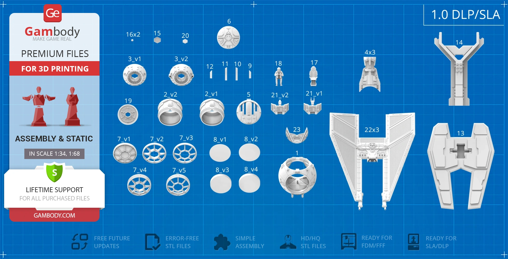 Blueprint of TIE Defender Starfighter 3D printable parts on a blue grid background with assembly instructions.