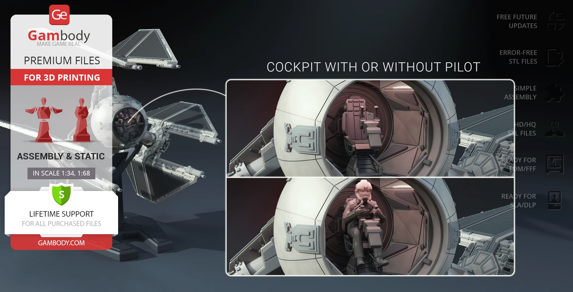 TIE Defender Starfighter model for 3D printing, shows cockpit details with and without pilot.