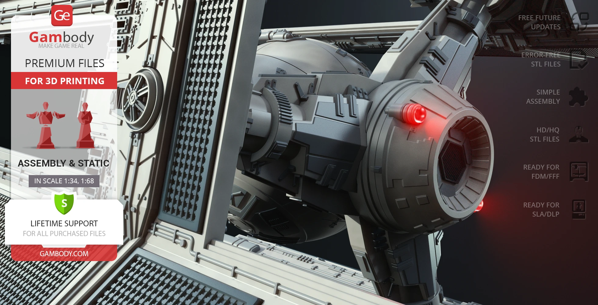 Detailed model of a TIE Defender Starfighter for 3D printing, with assembly options highlighted.