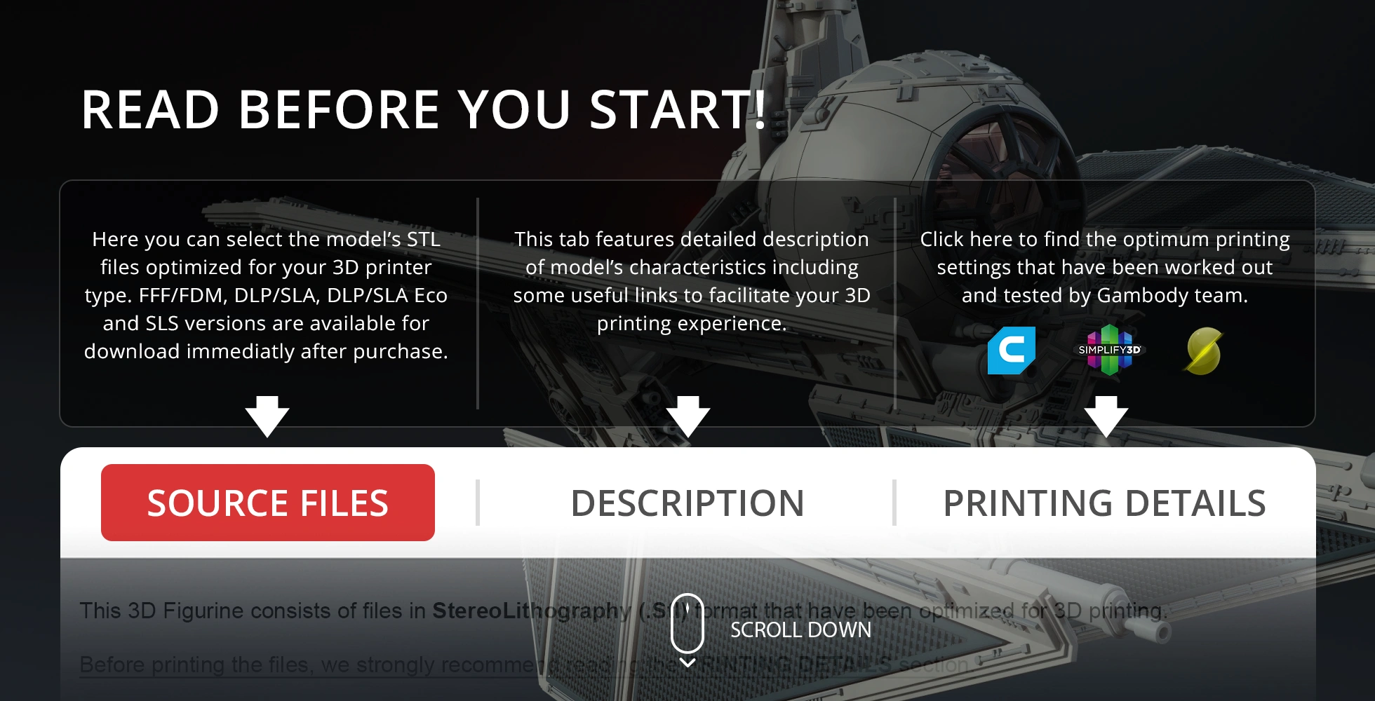 TIE-d Defender Starfighter STL files for 3D printing, includes printing options and descriptions.