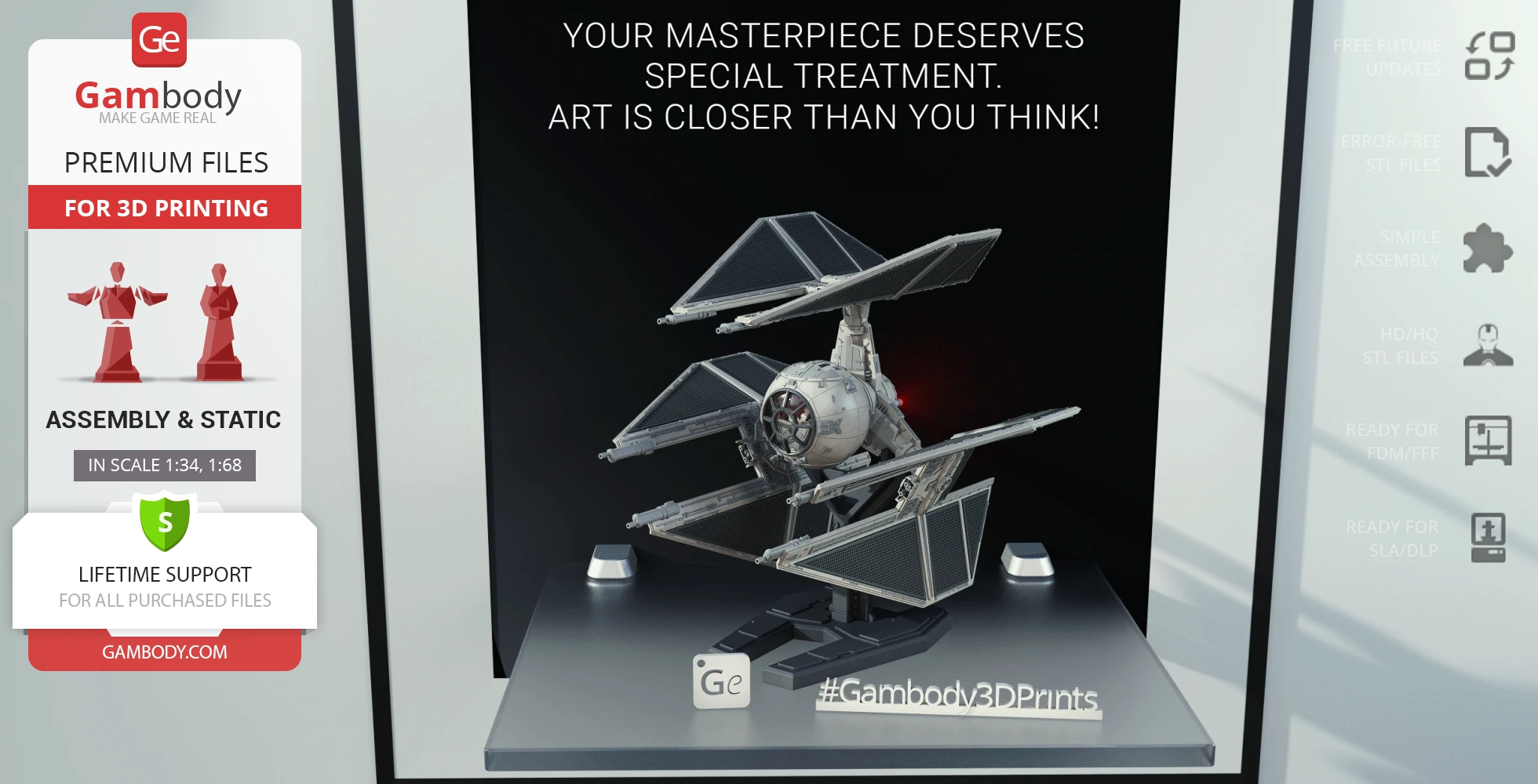 3D model of a TIE Defender Starfighter on display stand for 3D printing, showcased in a promotional setting.