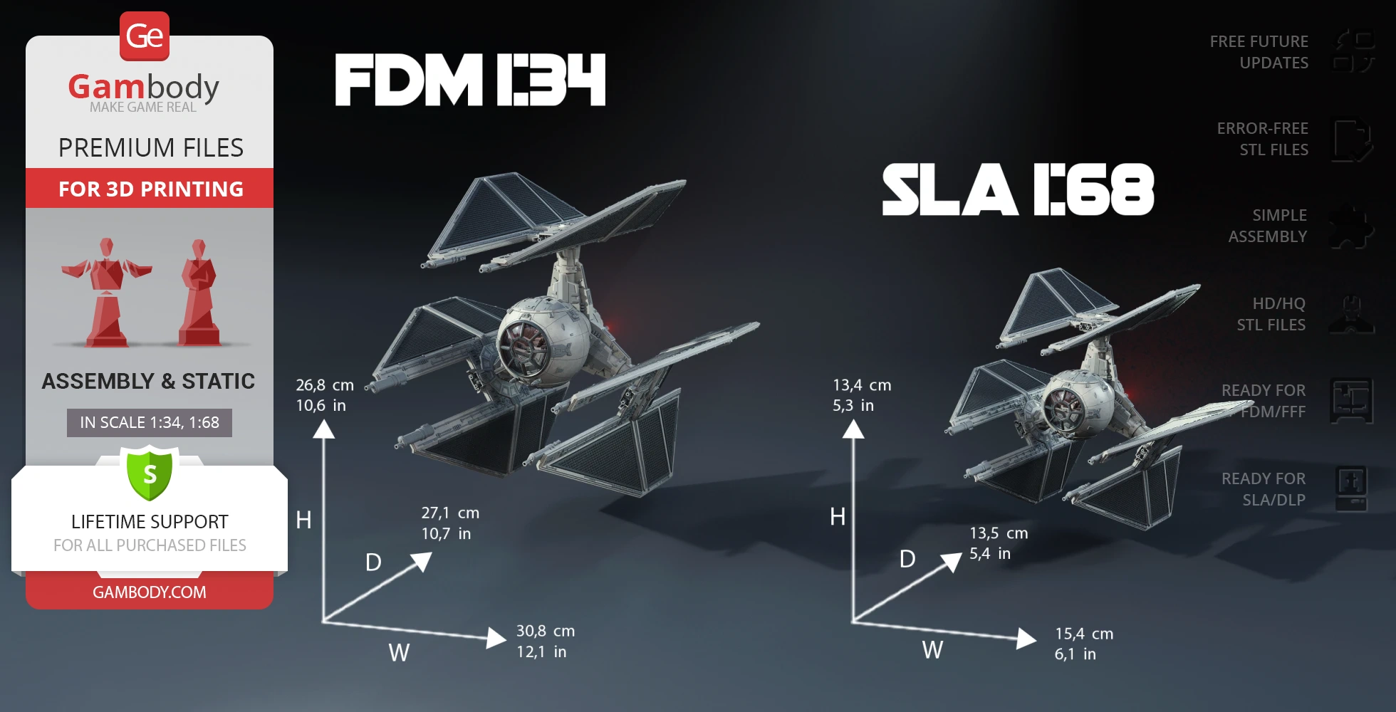 Two TIE Defender Starfighter models with dimensions for 3D printing, from Gambody.