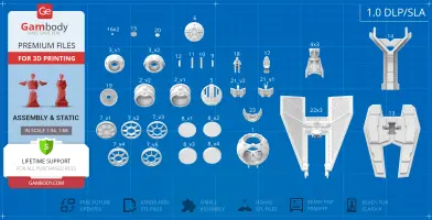 Blueprint of TIE Defender Starfighter 3D printable parts on a blue grid background with assembly instructions.