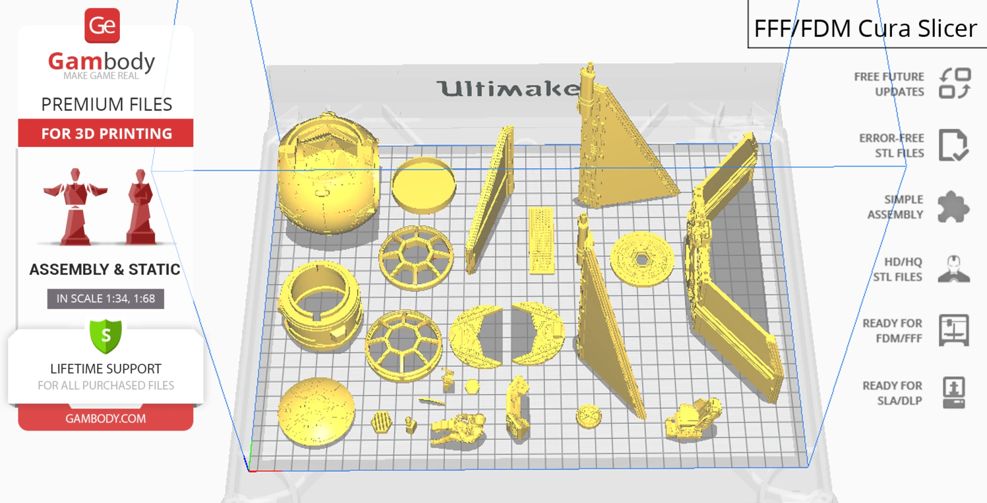 3D printing layout for a TIE-d Defender Starfighter model, showing various components and assembly options.