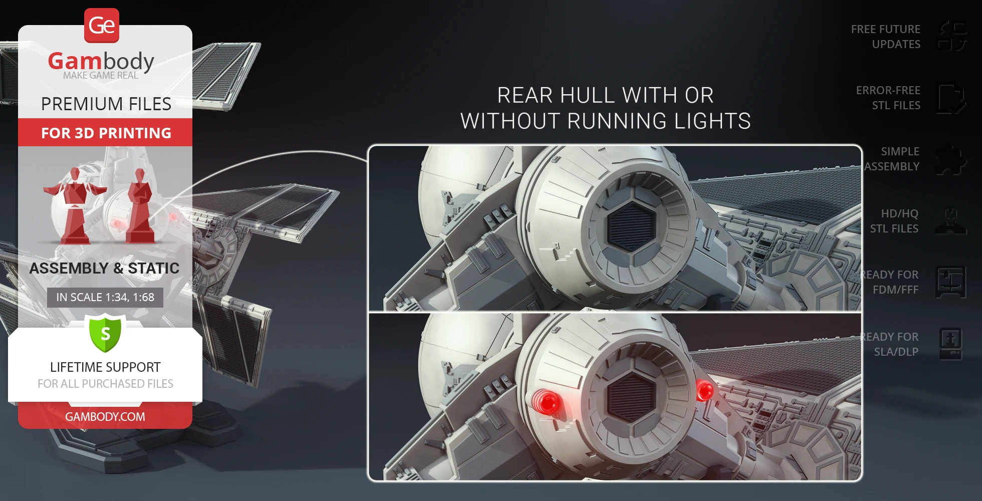 TIE Defender Starfighter 3D model details, showing rear hull with lights option.