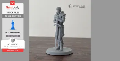 A 3D-printed knight in armor stands on a base, holding a sword upright with both hands.