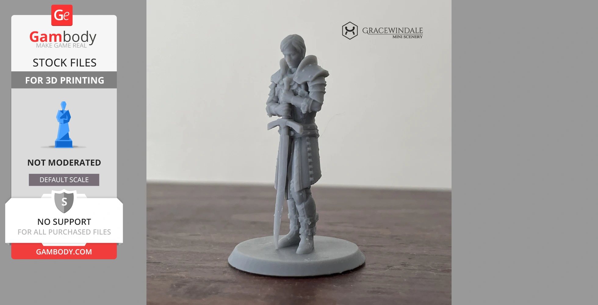 A 3D-printed knight figurine in armor holding a sword, standing on a round base.
