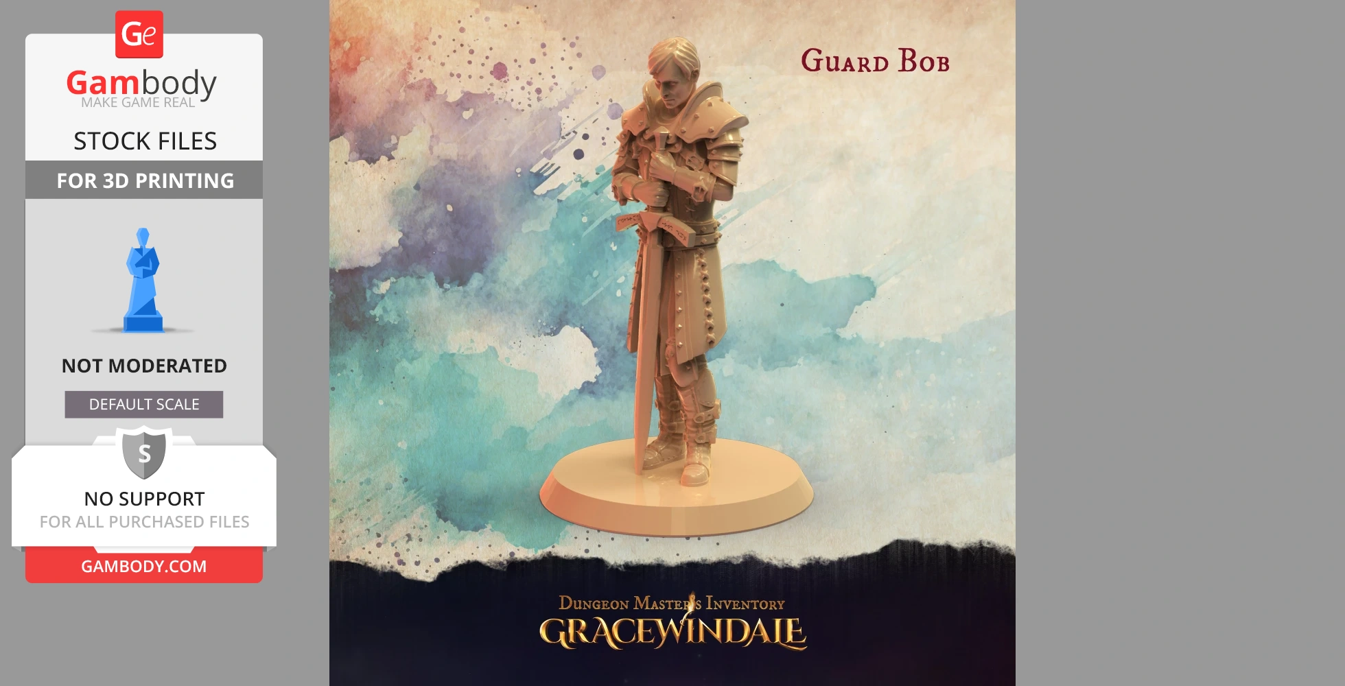 A 3D model of an armored guard holding a sword, standing on a circular base.