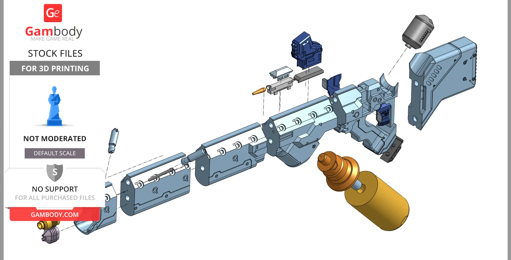 Exploded view of a modular sci-fi gun with labeled 3D printable parts in blue and gold.
