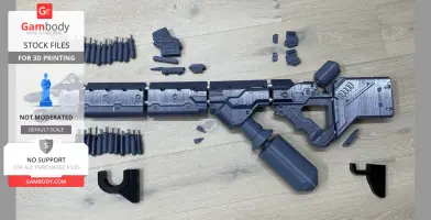 A 3D-printed District 9 AR replica in parts, ready for assembly, displayed on a wooden surface.
