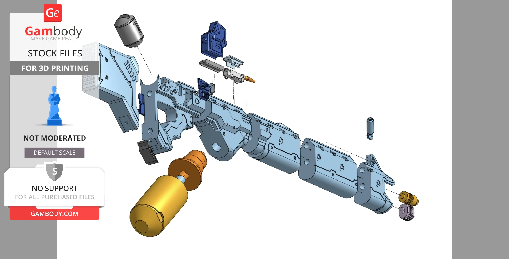 Exploded view of a sci-fi rifle model with labeled components for 3D printing.