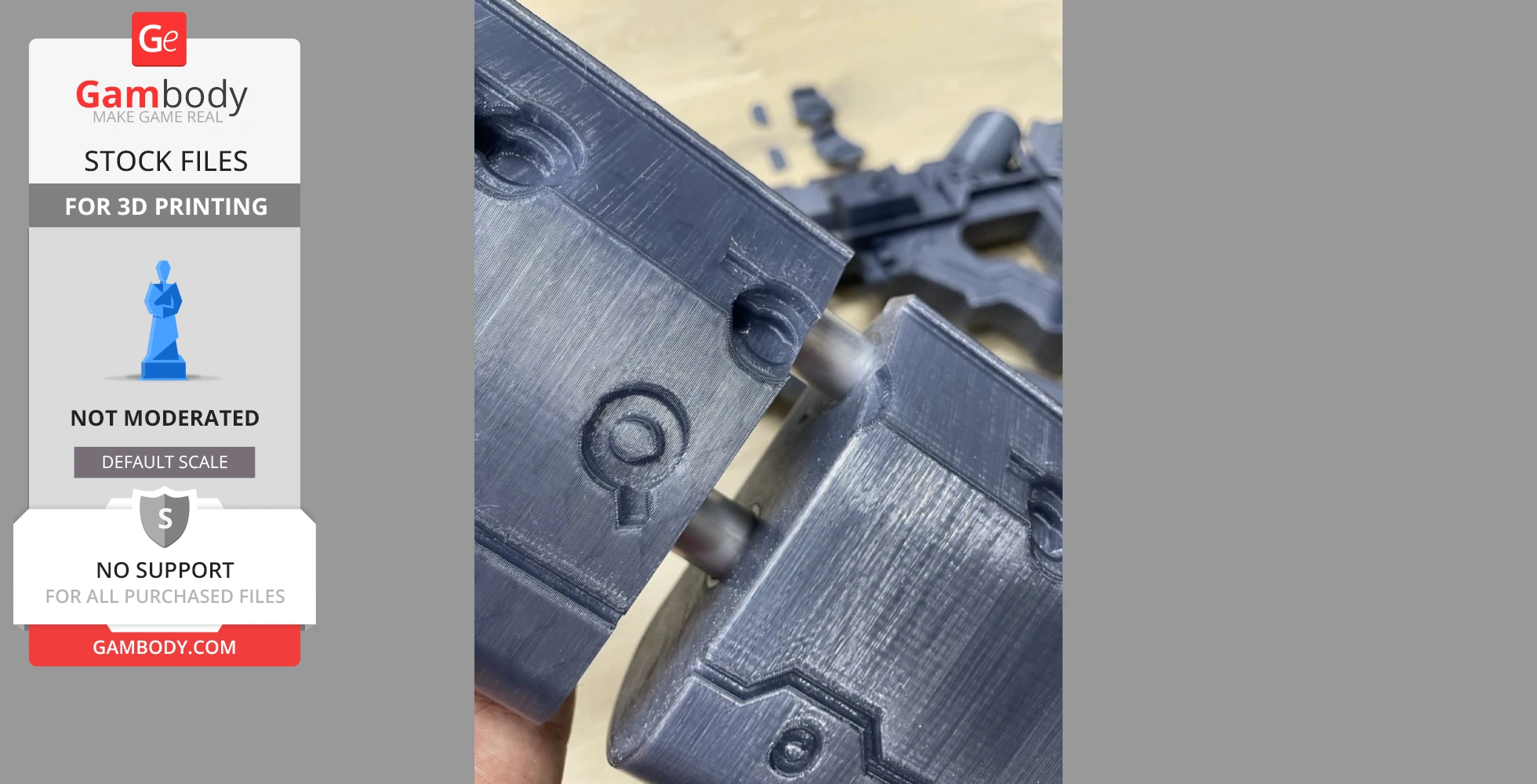 Close-up of 3D-printed parts for a District 9 assault rifle replica, showcasing detailed connectors.