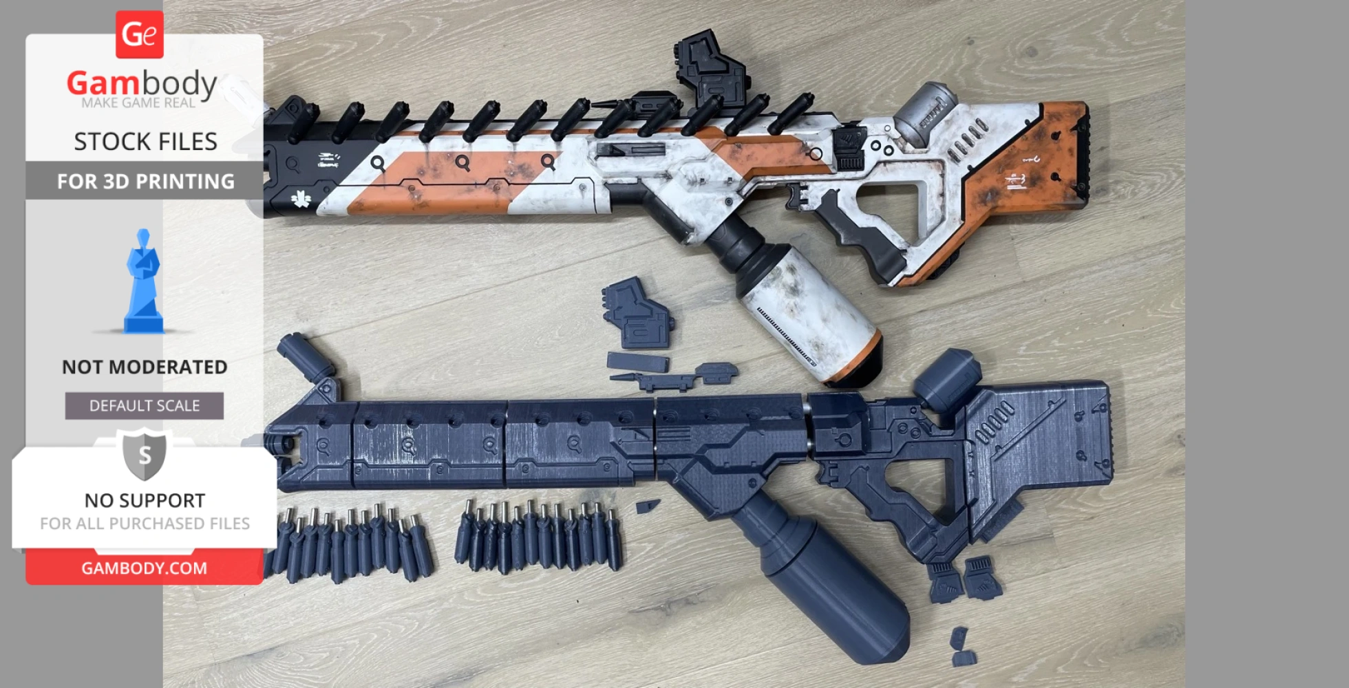 Futuristic rifle parts for 3D printing, shown assembled and disassembled on a wooden surface.