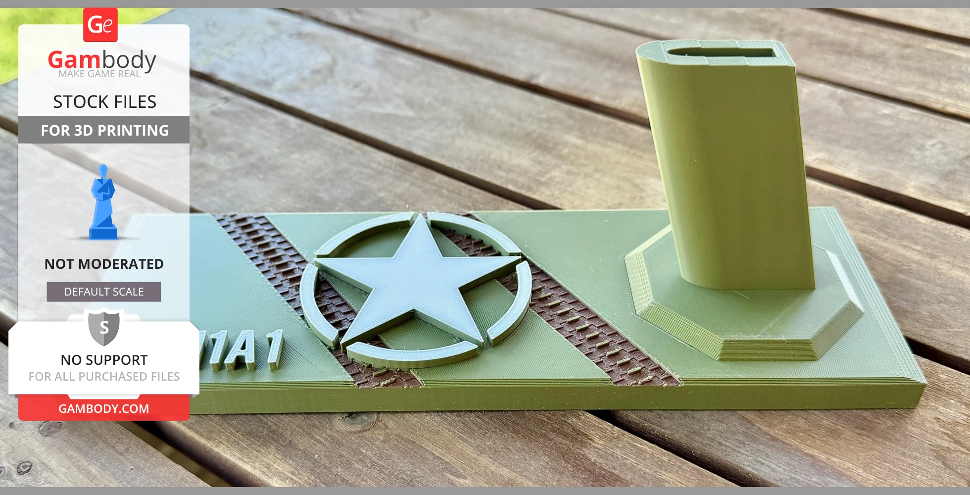A green 3D-printed stand for a 1911 pistol, featuring a star emblem and raised lettering.