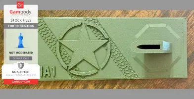 Green 3D-printed pistol stand with star and tread patterns on a rectangular base.