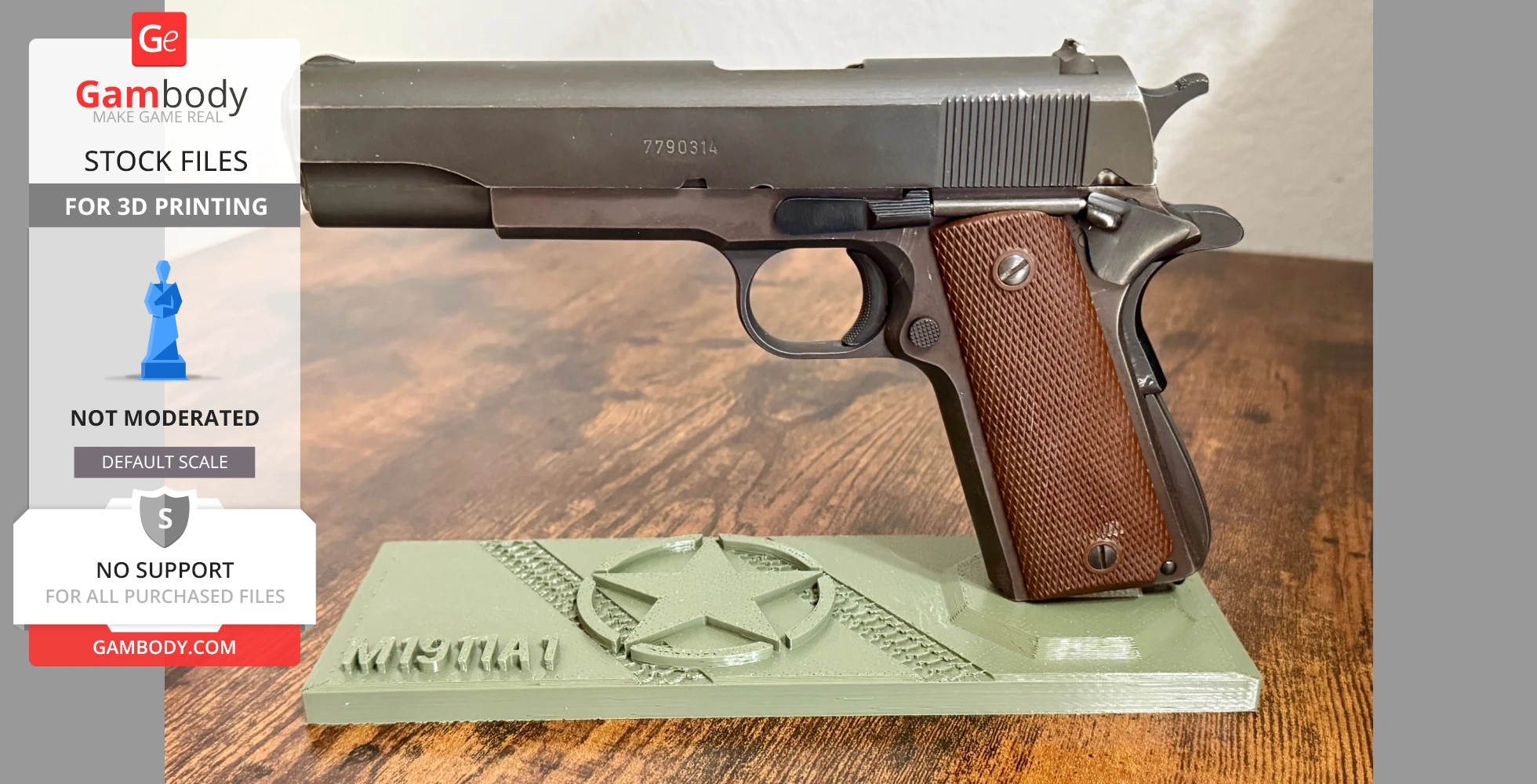 A 3D printed WWII pistol stand for a 1911 model, featuring military symbols.