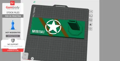 Green pistol stand with a star emblem, 'M1911A1' text, and a textured pattern for 3D printing.