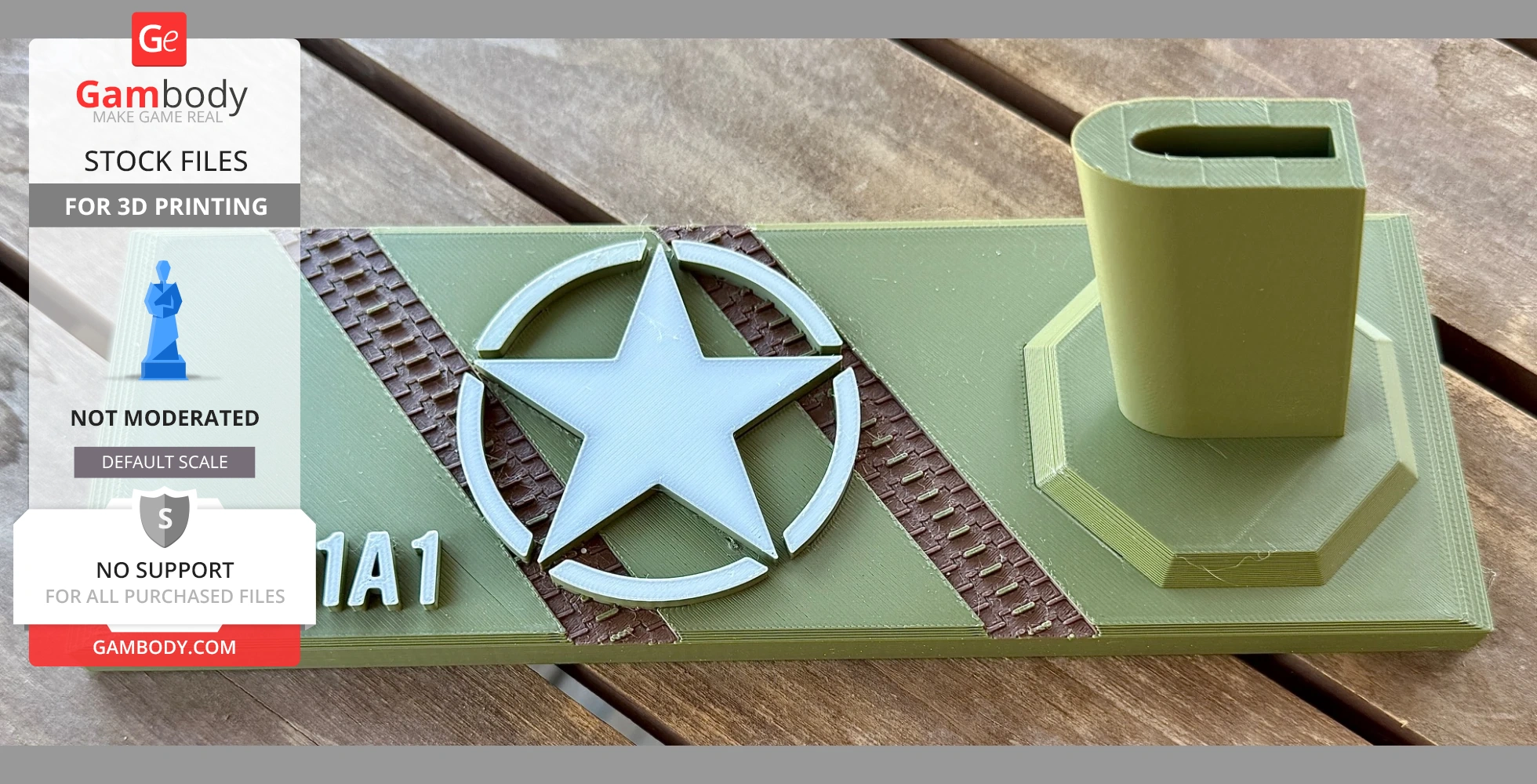Green 3D-printed pistol stand with a white star and textured design on a wood surface.