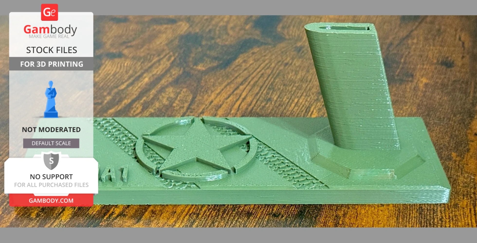 Green 3D-printed pistol stand featuring a raised star emblem and textured details on a flat base.