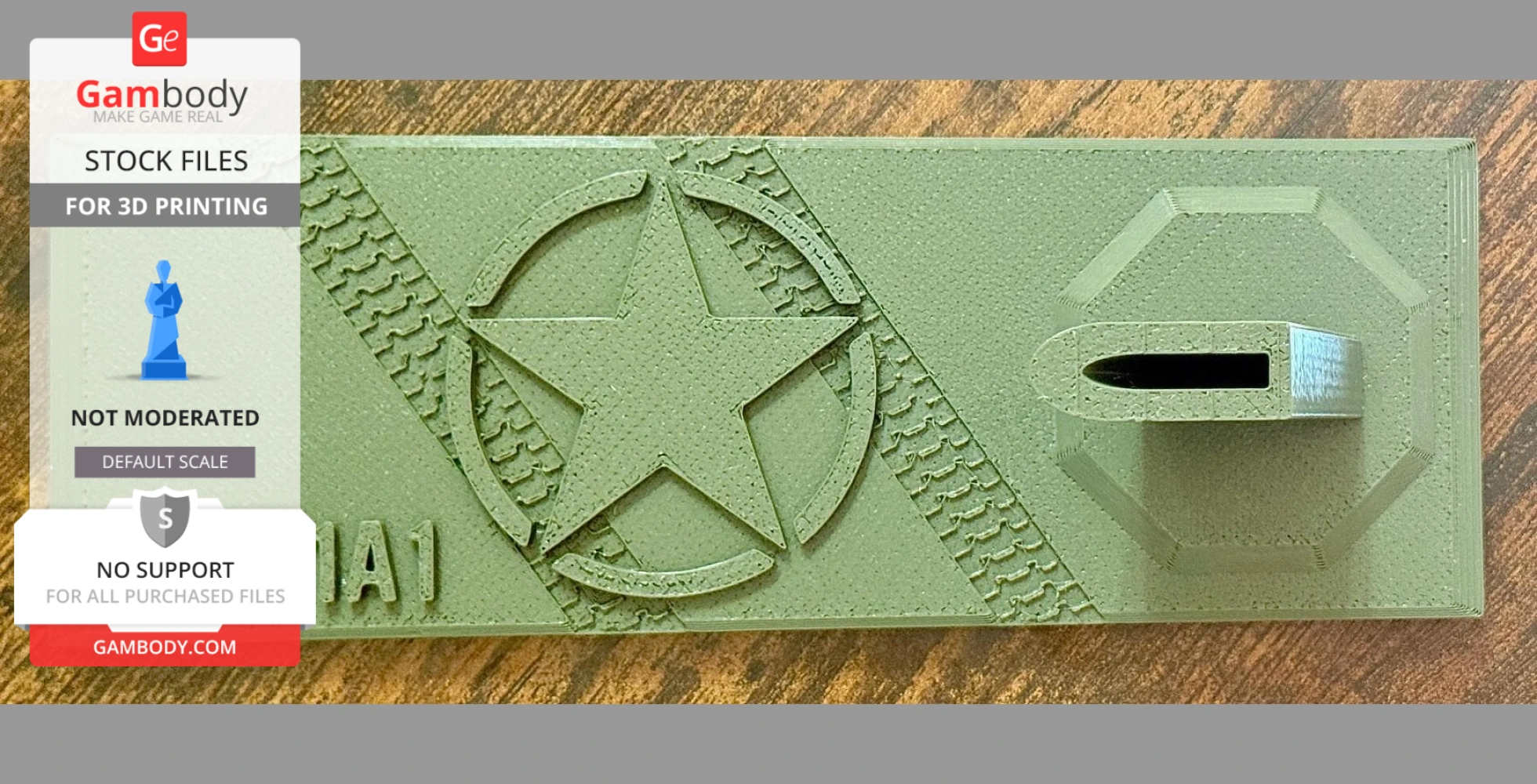 Green 3D-printed pistol stand with star and tread patterns on a rectangular base.