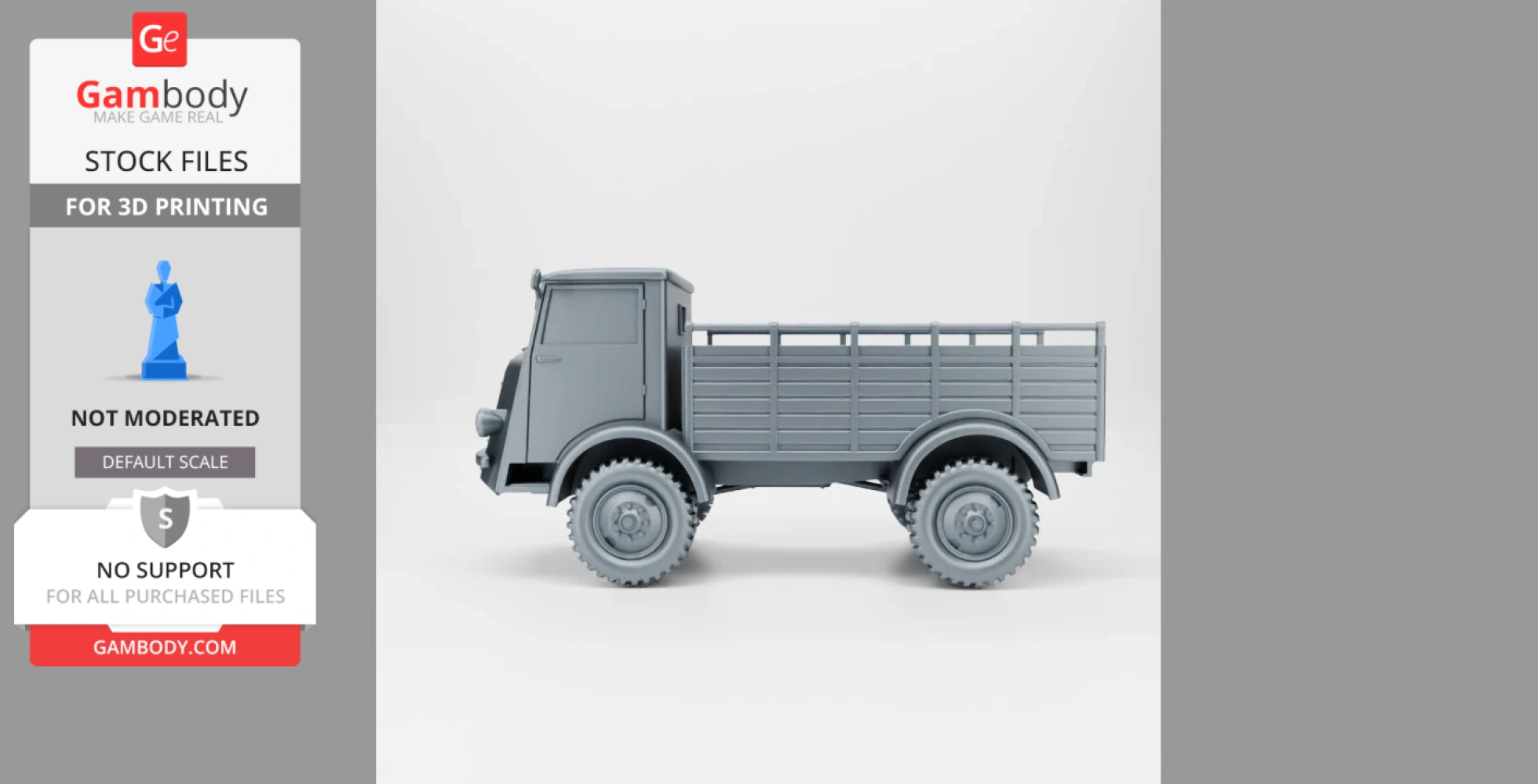 3D model of a World War II Belgium Army truck, FN63c, side view for 3D printing.
