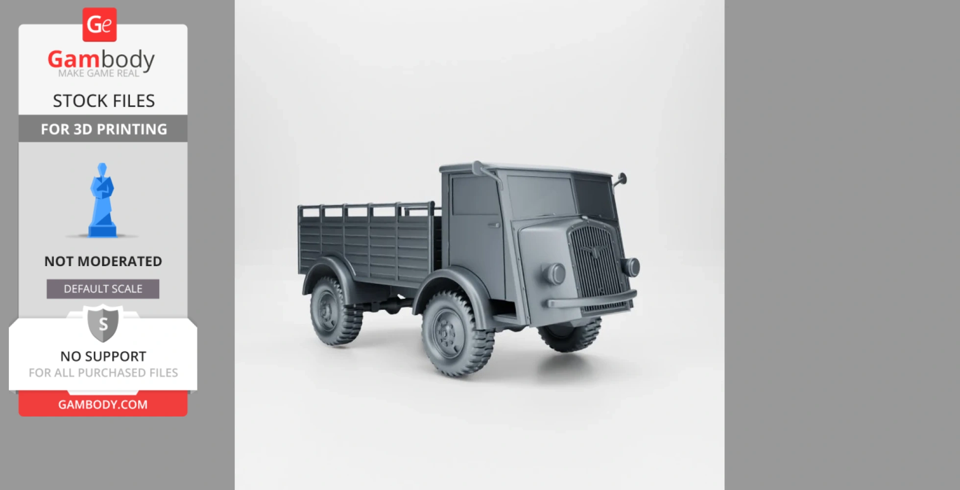 3D model of a WW2 Belgium Army Truck FN63c, designed for 3D printing, displayed in grayscale.
