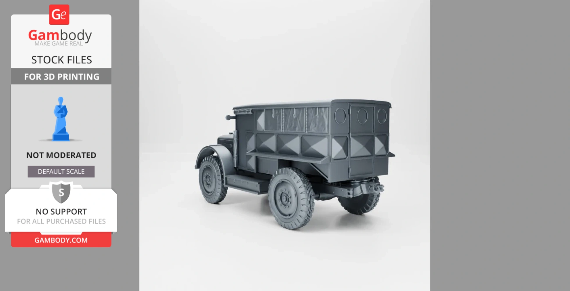 A detailed 3D model of a WW2 artillery tractor with a boxy rear compartment and rugged tires.