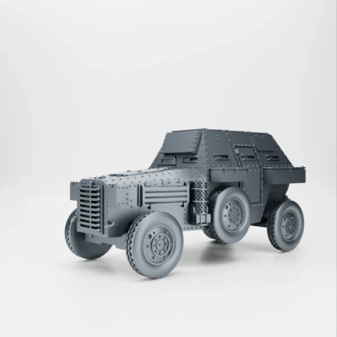 3D model of a WW2 Berliet VUDB armored car, detailed with rivets and military design elements.