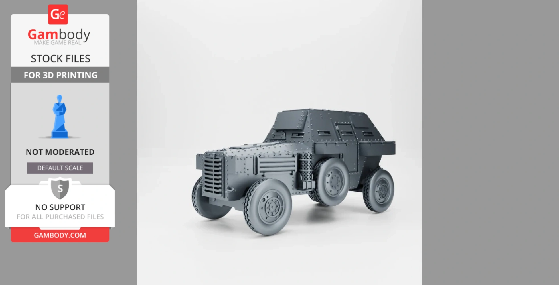 Gray 3D model of a Berliet VUDB WW2 armored car with riveted panels for 3D printing.
