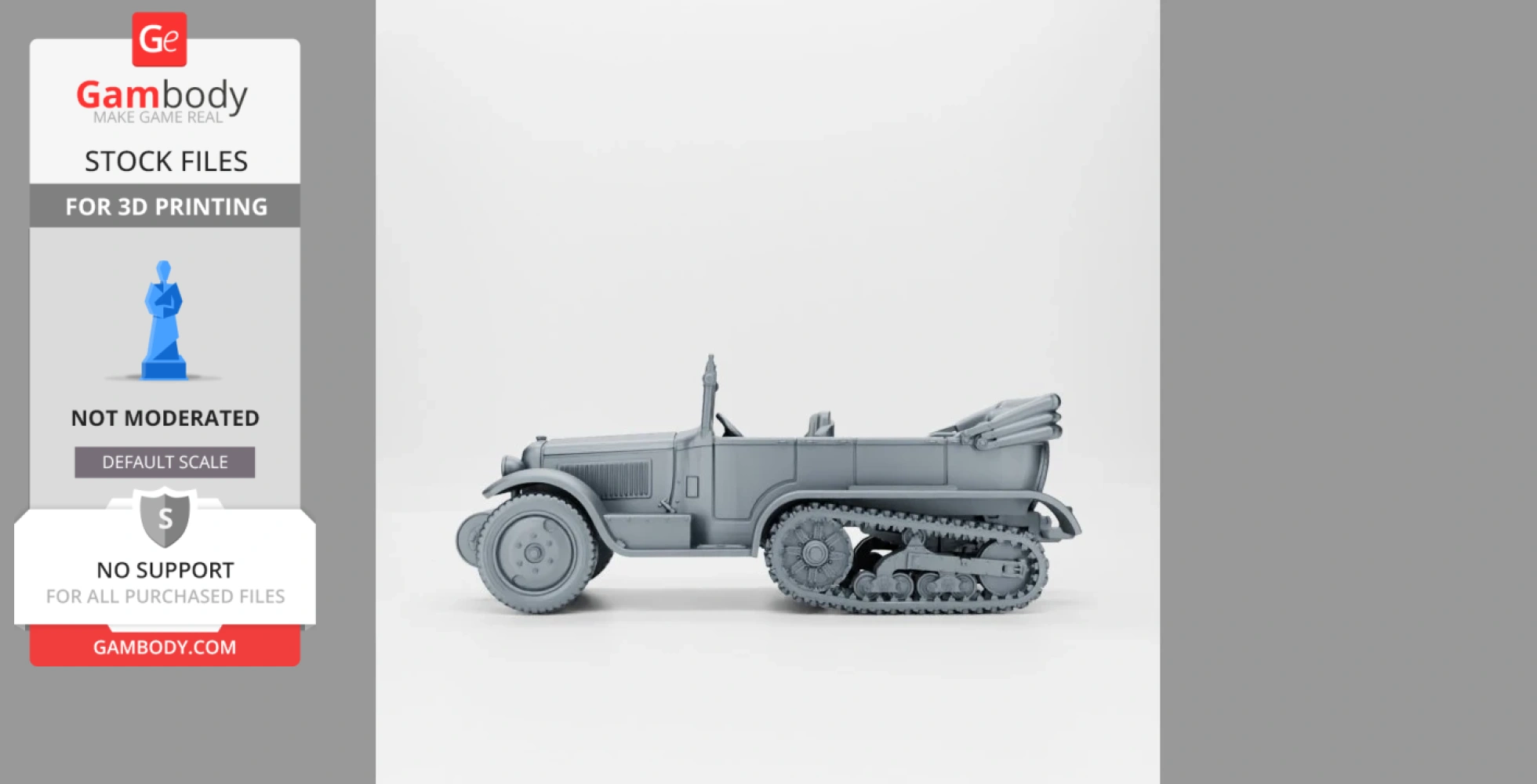 3D model of a World War II Citroen-Kegresse half-track vehicle profile view.