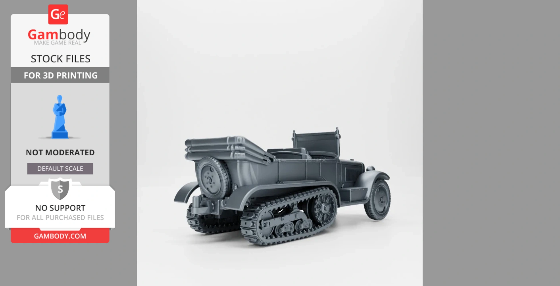 A 3D model of a Citroen-Kegresse half-track vehicle with tracks and spare tire, designed for 3D printing.