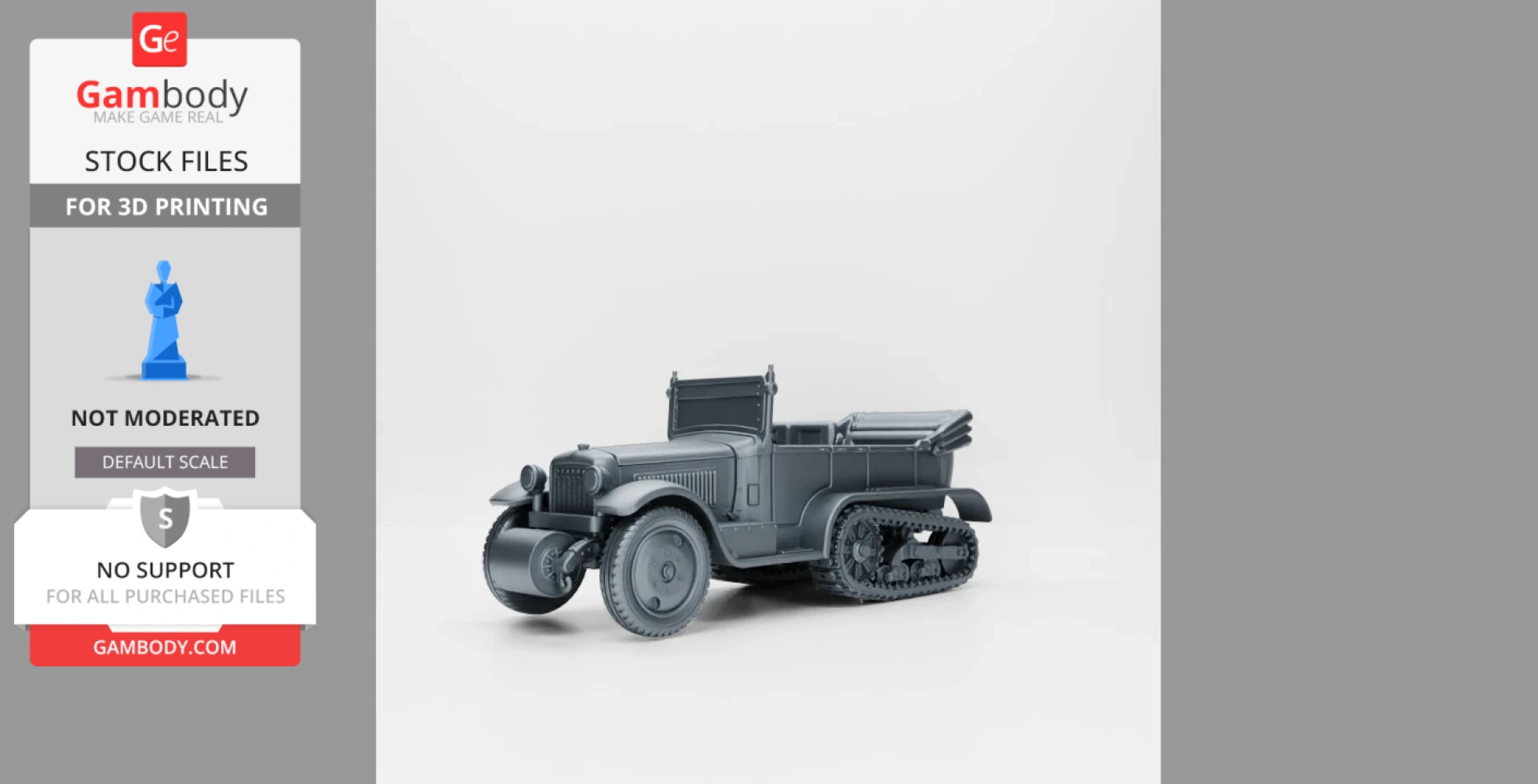 A 3D model of a Citroen-Kegresse P19 half-track vehicle, designed for 3D printing, shown in gray.