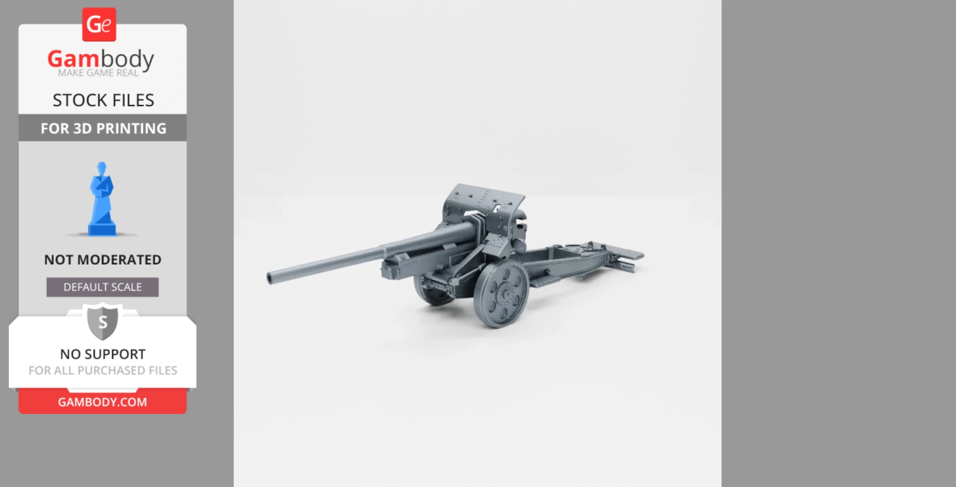 3D model of a WW2 15 cm Kanone 16 heavy field gun with wheels and a long barrel.