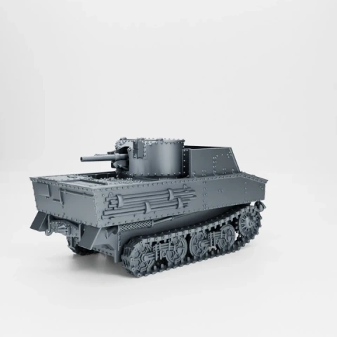 A detailed 3D model of a Vickers T13 tank hunter with caterpillar tracks and turret, ready for printing.