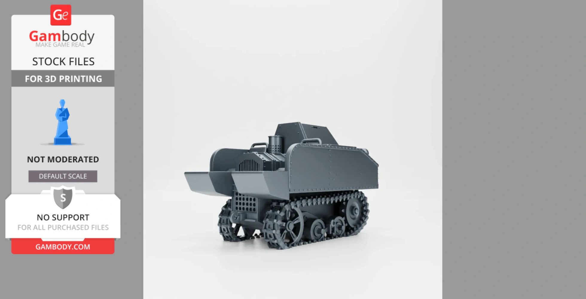 A 3D model of a tracked utility tractor with an angular design, suitable for 3D printing.