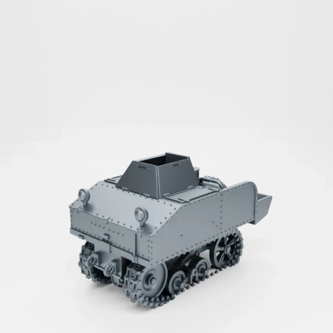 A detailed 3D model of a vintage military utility tractor with tracks, turret, and utilitarian design.